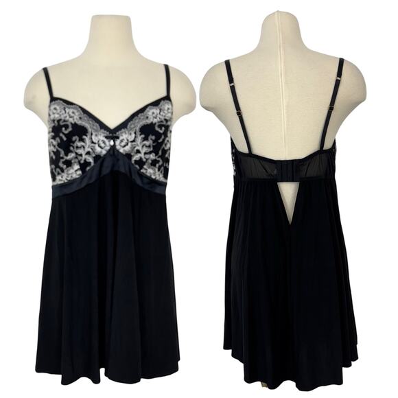 Soma Babydoll Teddy Slip Dress Chemise Black with Ivory Lace L NWT - Picture 1 of 10